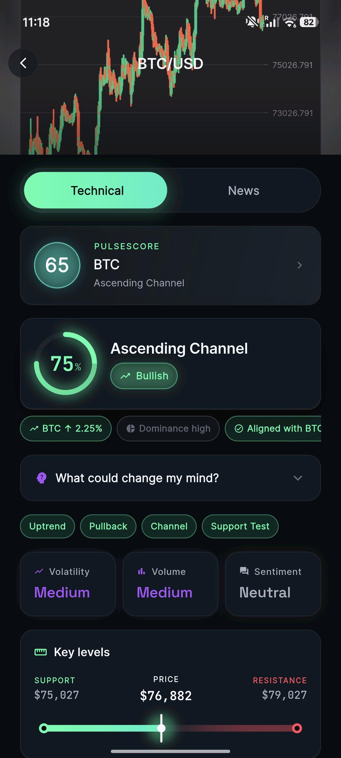 SnapPulse AI analysis report with PulseScore 65 and pattern detection